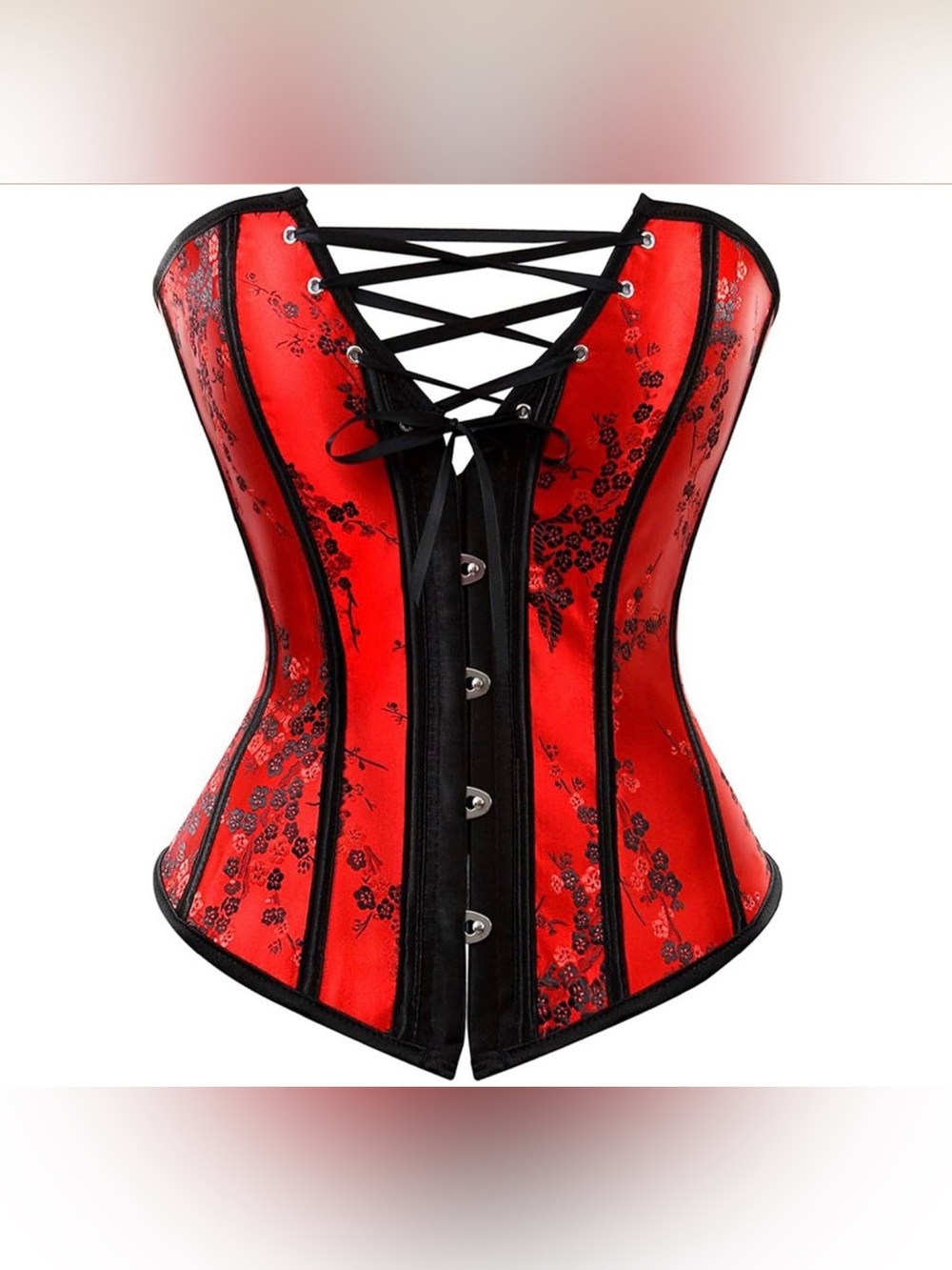 HNGHOU Red Black Floral Satin Overbust Corset Bustier XXL